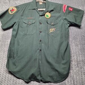 VTG BSA‎ Explorer Shirt Green Indianhead Council Drum & Bugle Patches Men's Sz L